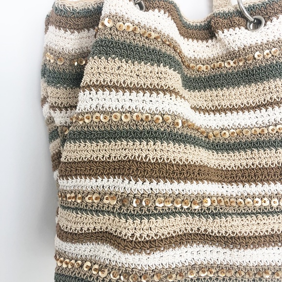 Boho Tan White Green Striped Sequin Hobo Woven Bag - Picture 3 of 8